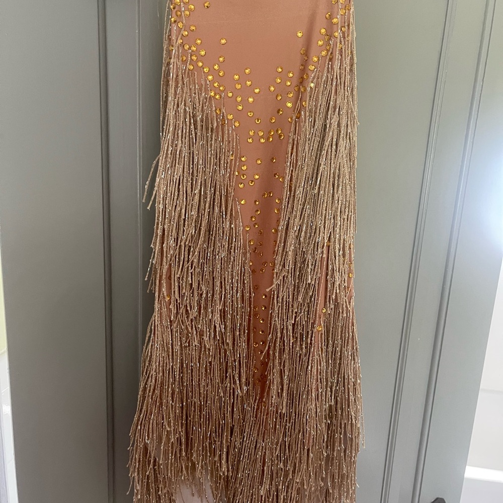 Beaded Fringe Dress in Gold and Tan